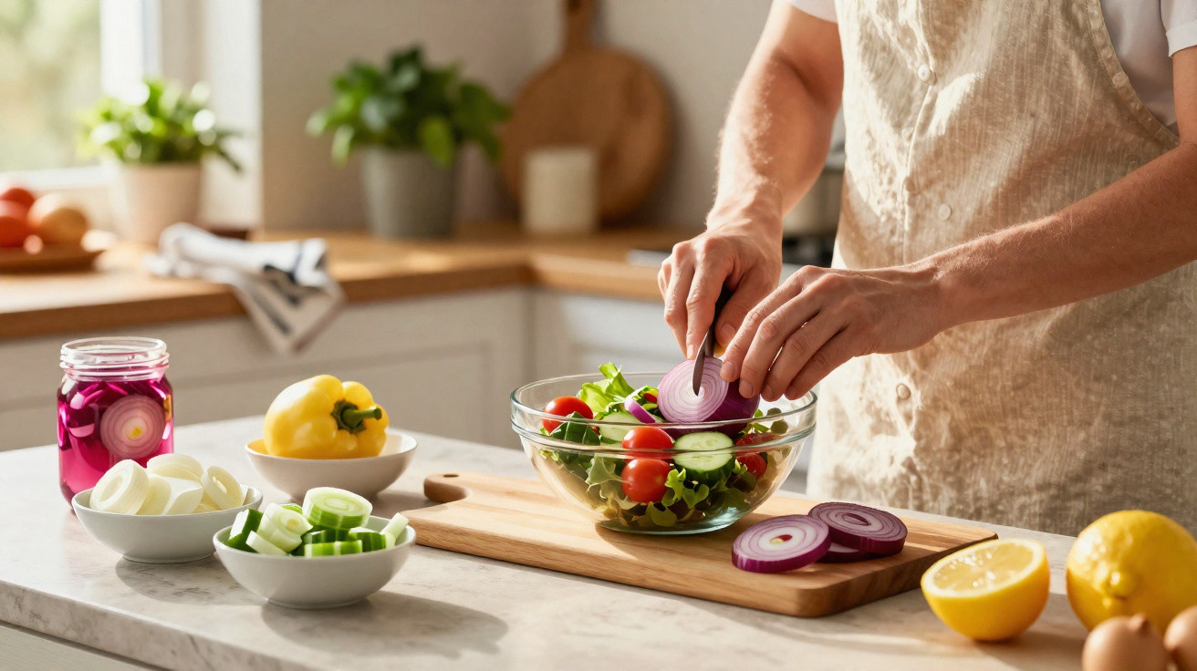 Pessoa a cortar cebola roxa numa tábua de madeira numa cozinha com ingredientes para salada à volta.