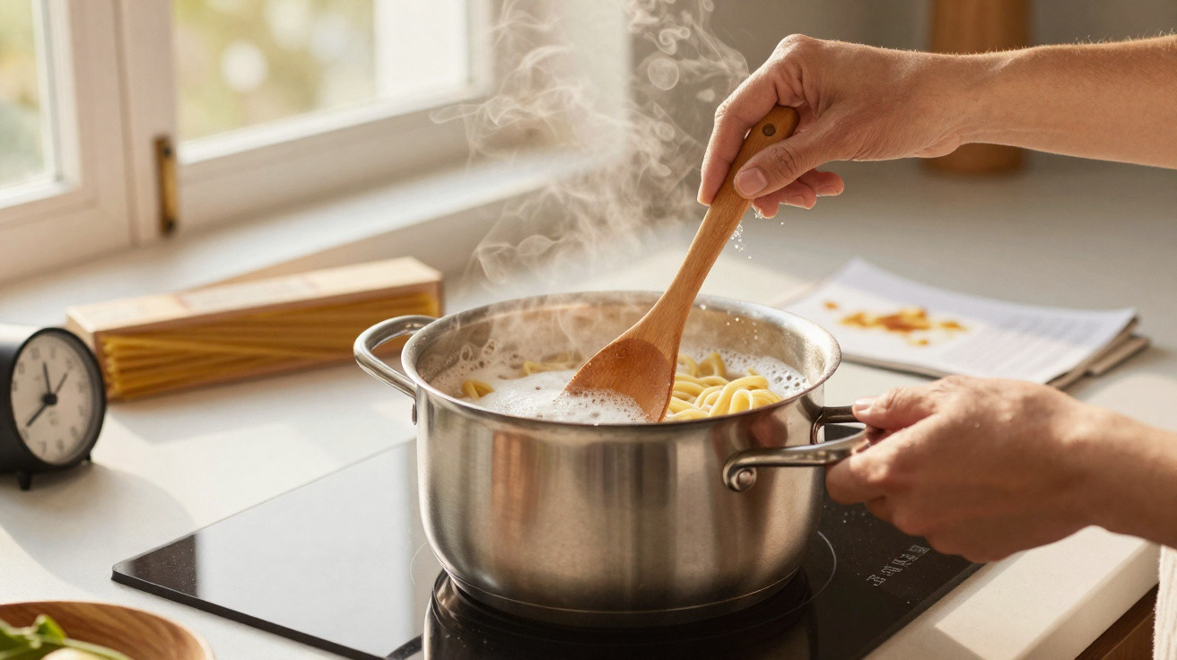Pessoa a temperar massa com sal numa panela a ferver numa cozinha iluminada.