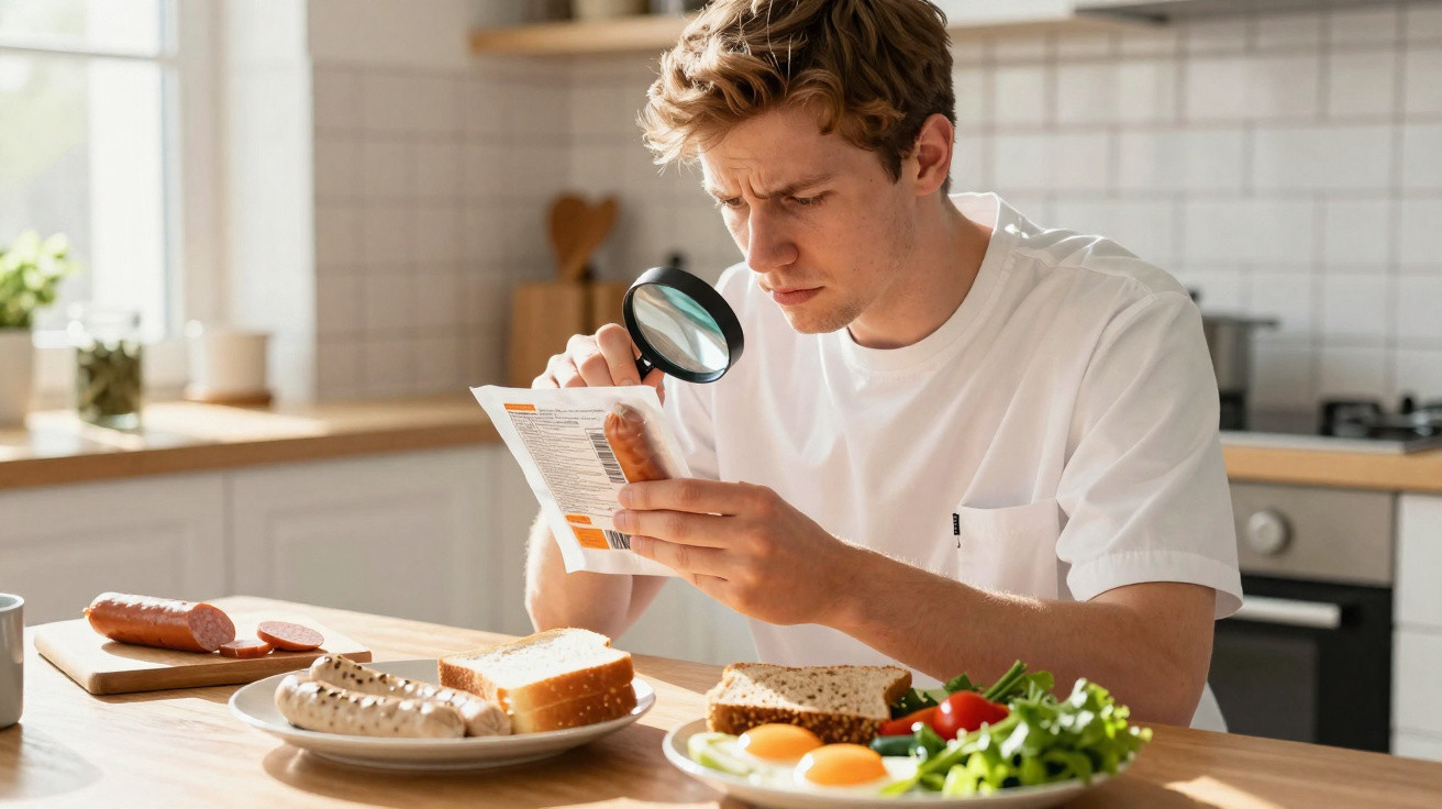 Homem numa cozinha a ler atentamente o rótulo de um medicamento com uma lupa, enquanto tem comida saudável à frente.