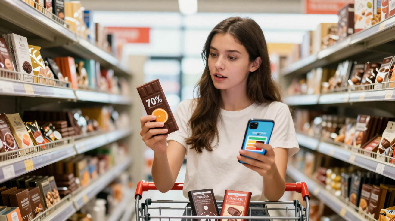 Mulher jovem em supermercado segurando chocolate e usando telemóvel, com carrinho à sua frente.
