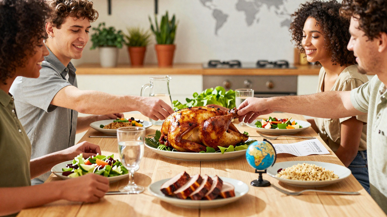 Grupo de amigos felizes a partilhar um jantar com frango assado e saladas à mesa numa cozinha luminosa.
