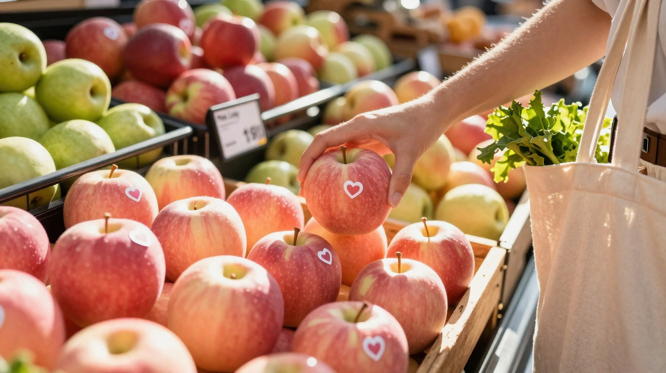 Pessoa a escolher maçã Pink Lady numa banca de frutas num mercado.