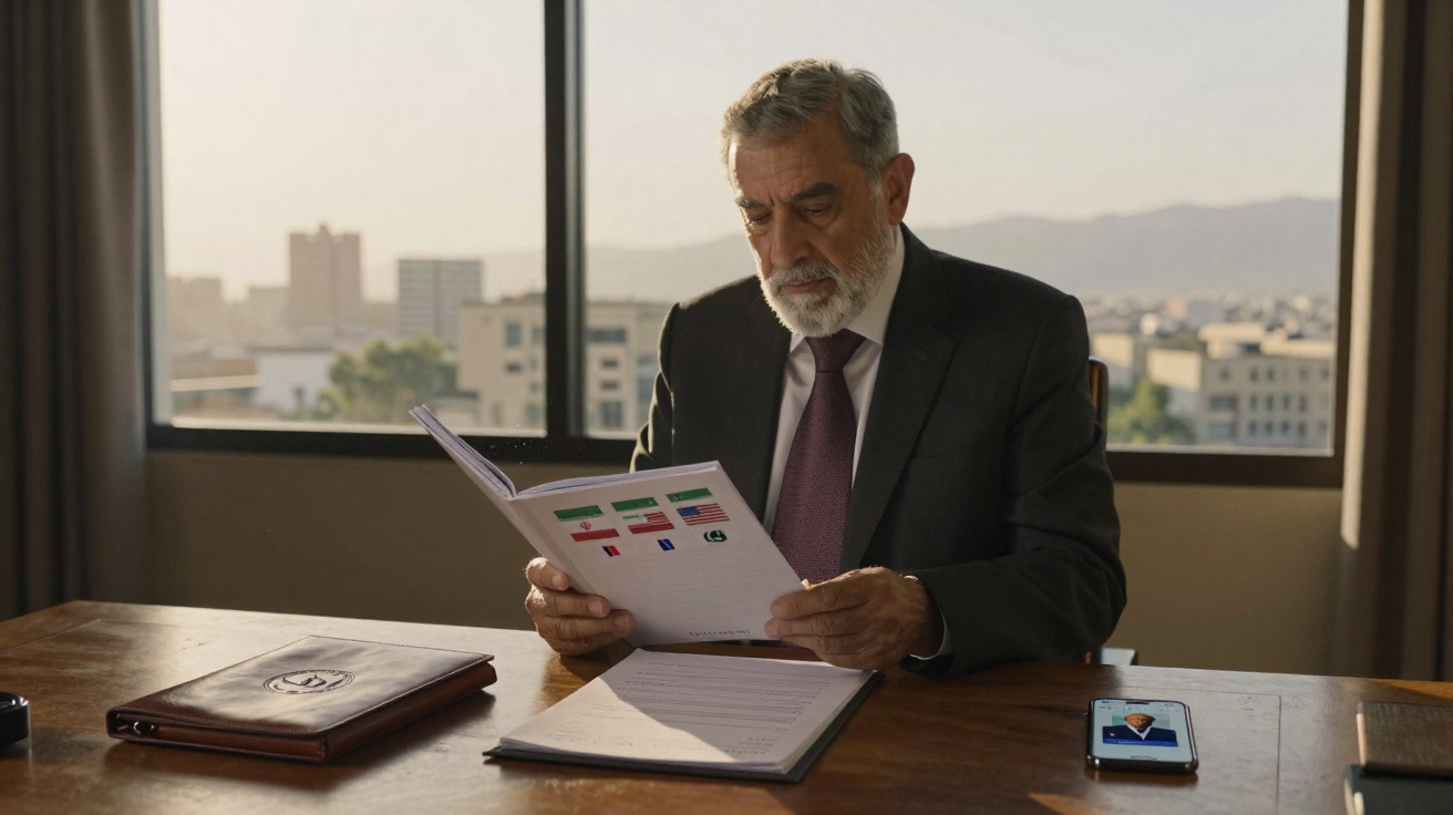 Homem idoso vestido formalmente a ler documentos numa sala com vista para a cidade ao entardecer.