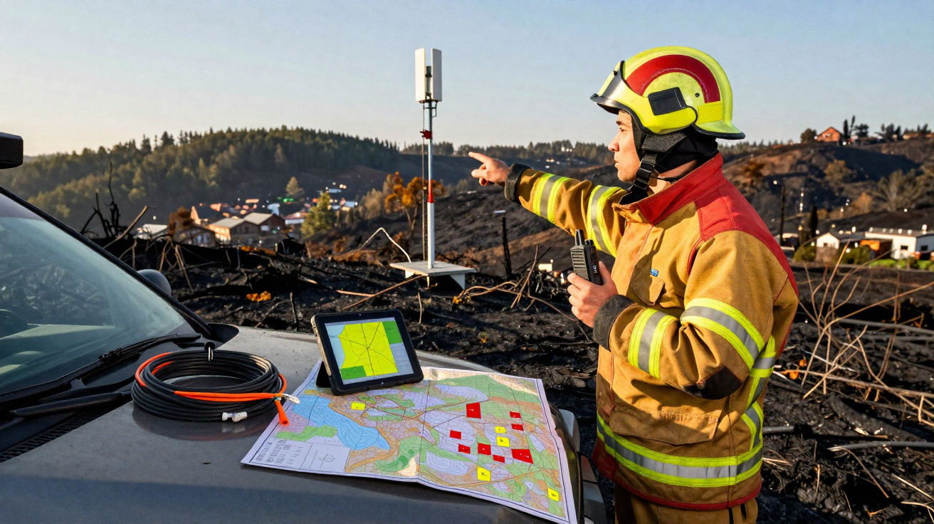 Bombeiro em fato de proteção aponta para uma área de terreno queimado com mapas sobre veículo.