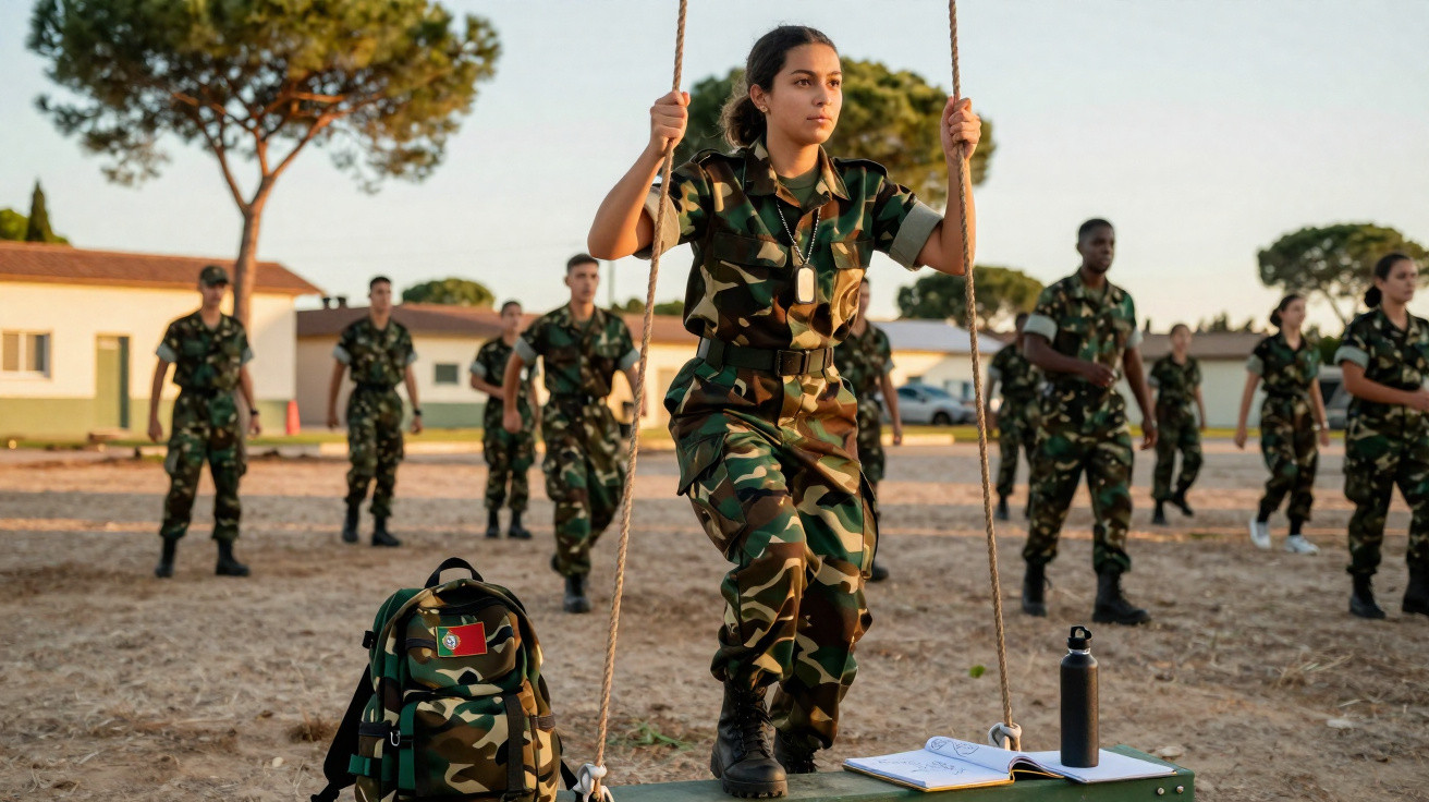 Jovens militares em treino ao ar livre com uniforme camuflado, mochila e notas na bancada, Portugal.