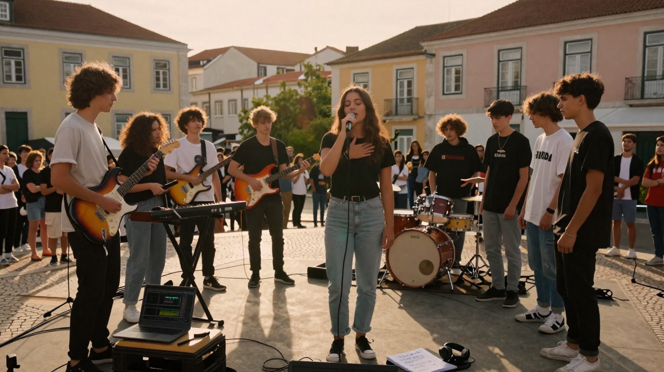 Jovens a tocar música ao ar livre numa praça com edifícios coloridos ao fundo durante o pôr do sol.