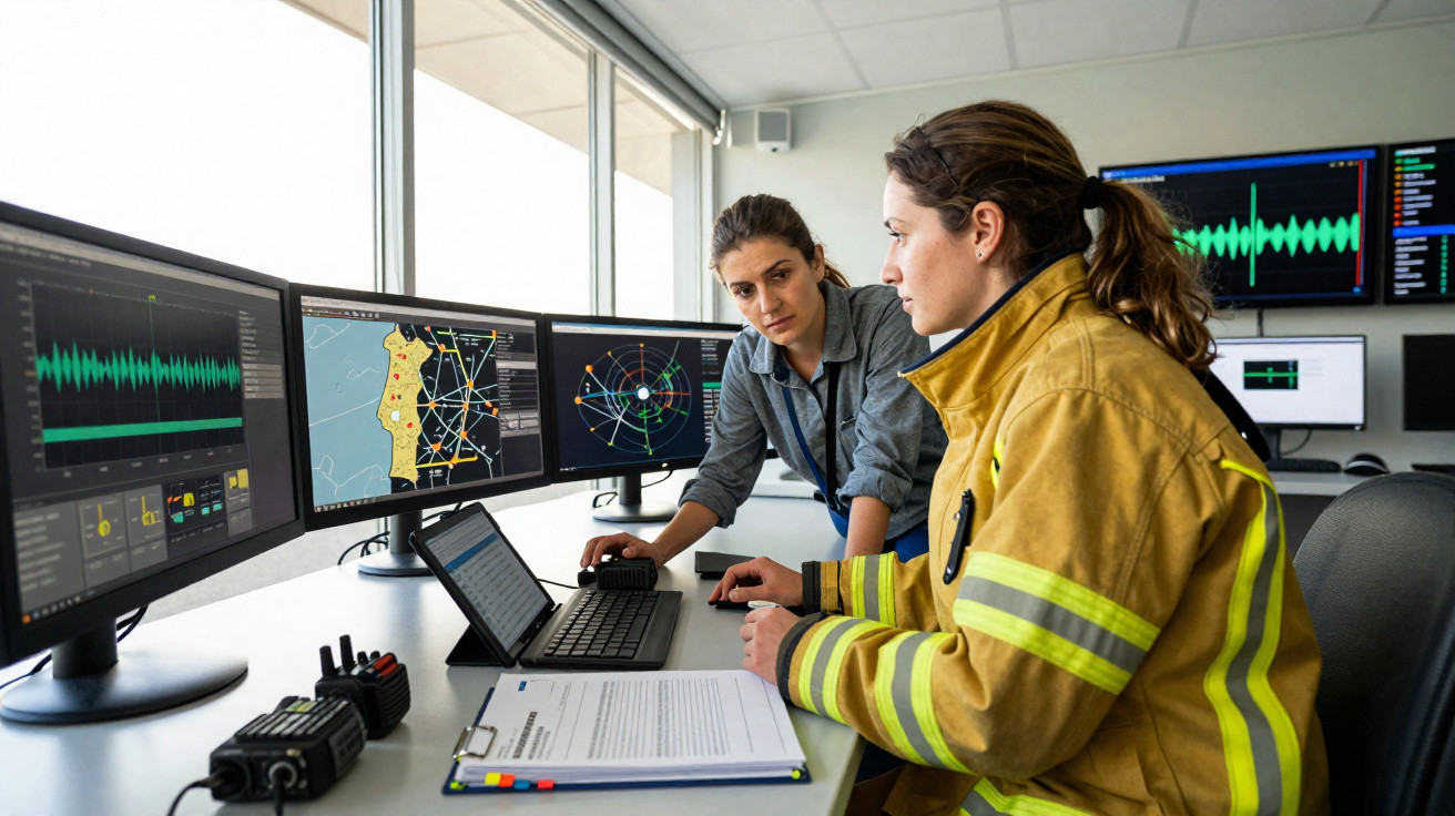 Duas mulheres em escritório de emergência, olhando e a trabalhar em vários ecrãs com mapas e gráficos.