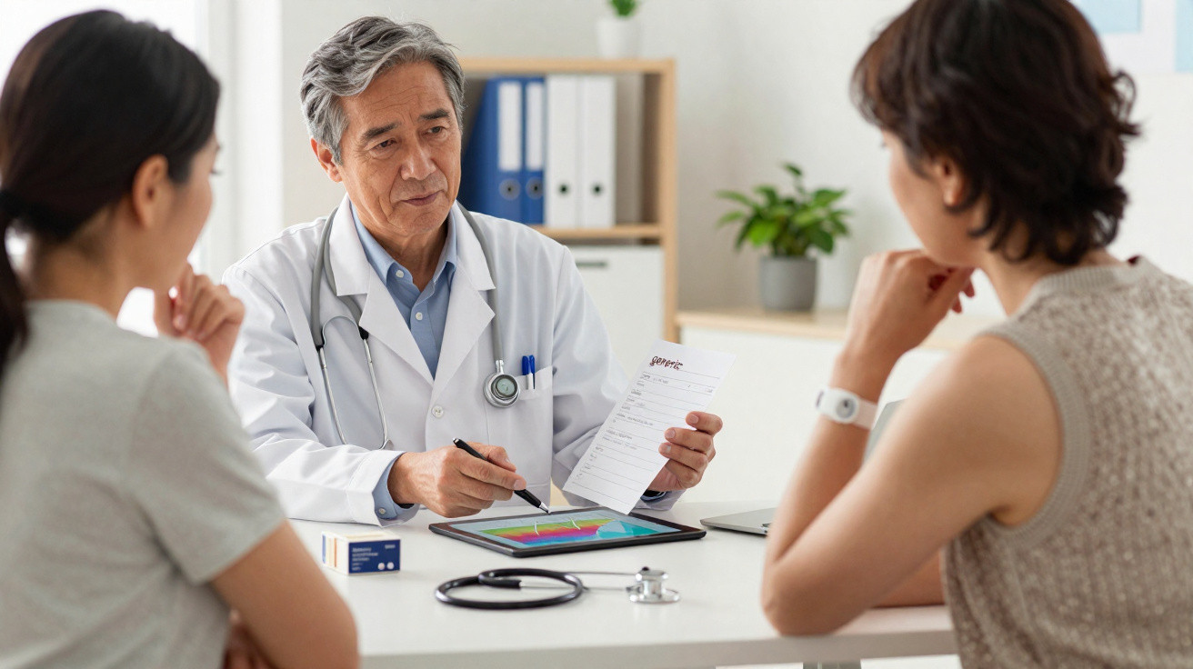 Médico com bata branca explica receita médica a paciente sentada numa consulta num consultório moderno.