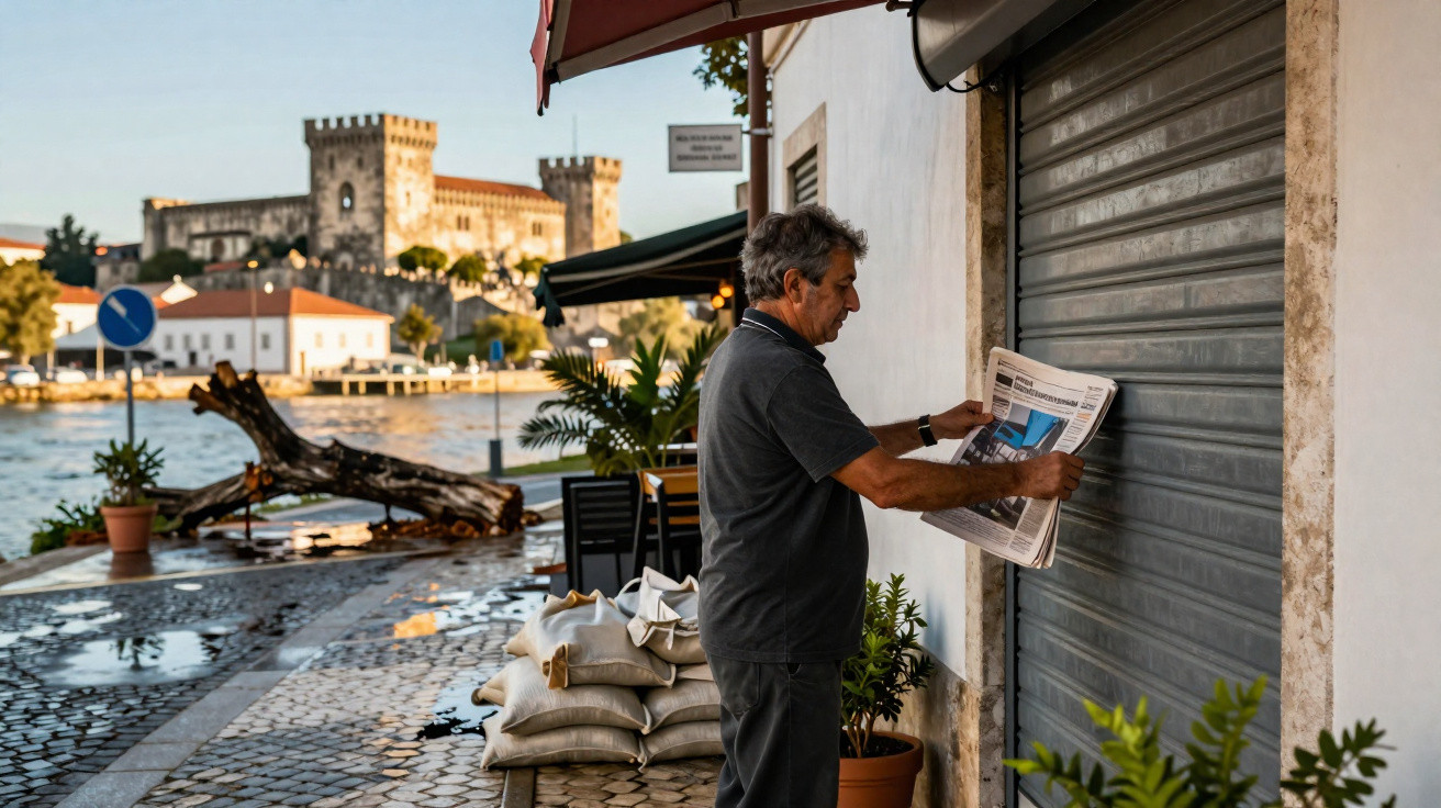 Homem coloca jornal numa porta metálica fechada perto de rio com castelo ao fundo ao pôr do sol.