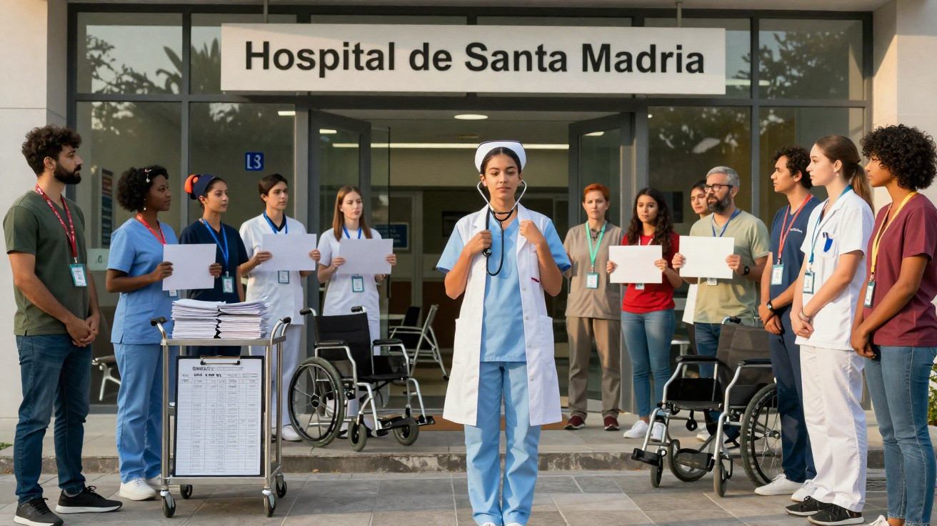 Equipa médica em protesto com folhas em branco à porta do Hospital de Santa Mordia.