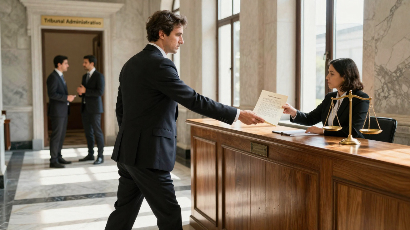 Homem entrega documento na receção de um tribunal enquanto outras pessoas conversam ao fundo num corredor.