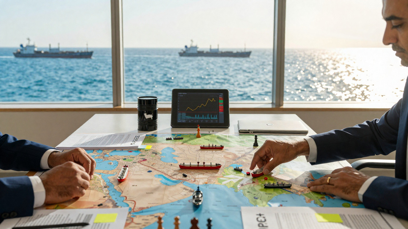 Duas pessoas em fato de negócios analisam estratégias com mapas, tabuleiro de xadrez e modelos de navios.