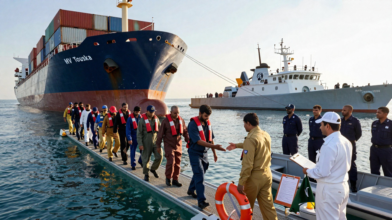 Marineros com coletes salva-vidas desembarcam de navio em plataforma flutuante, recebidos por tripulantes em uniforme naval.
