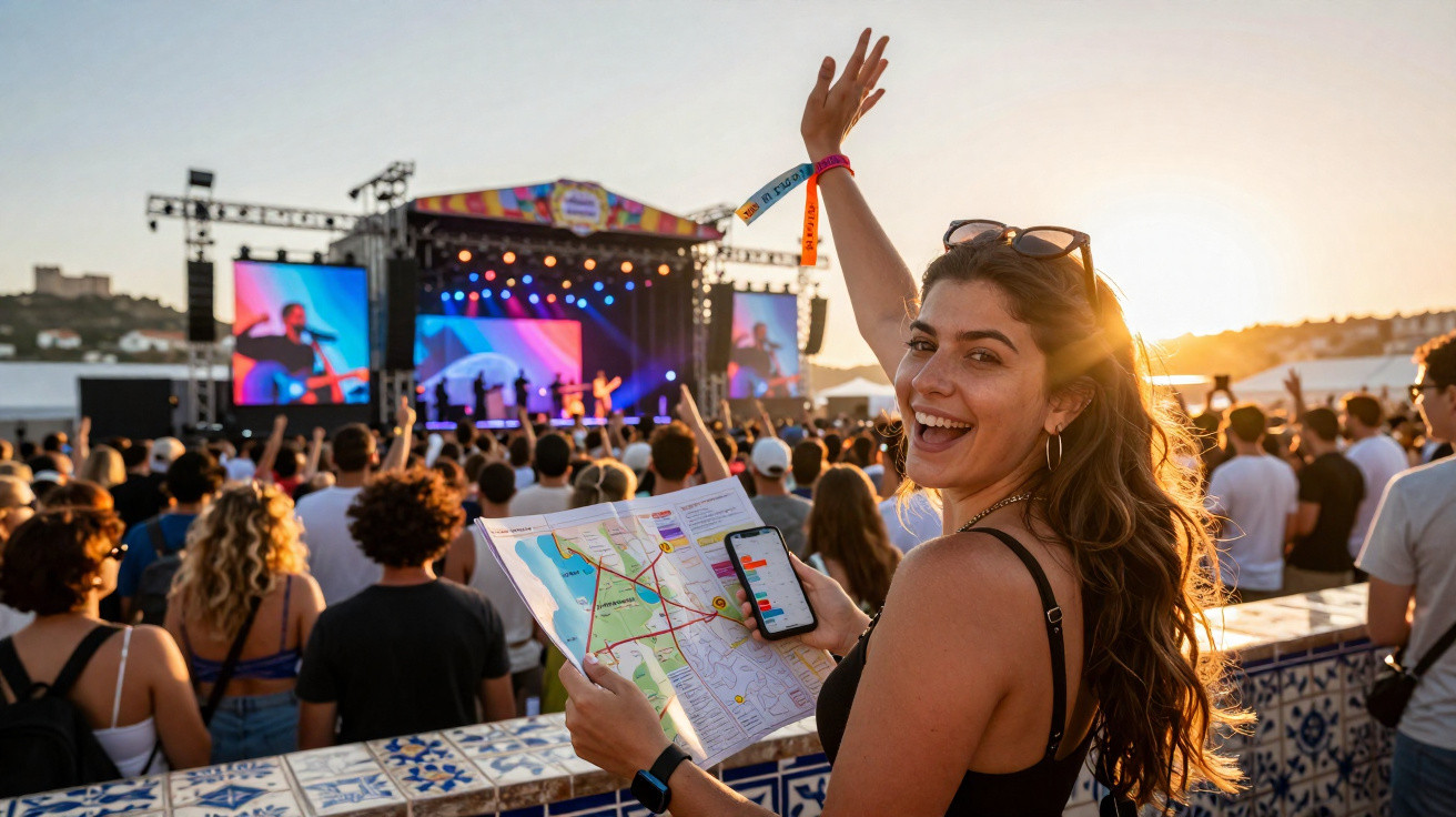 Mulher sorridente com mapa e smartphone numa multidão em festival ao ar livre ao pôr do sol.