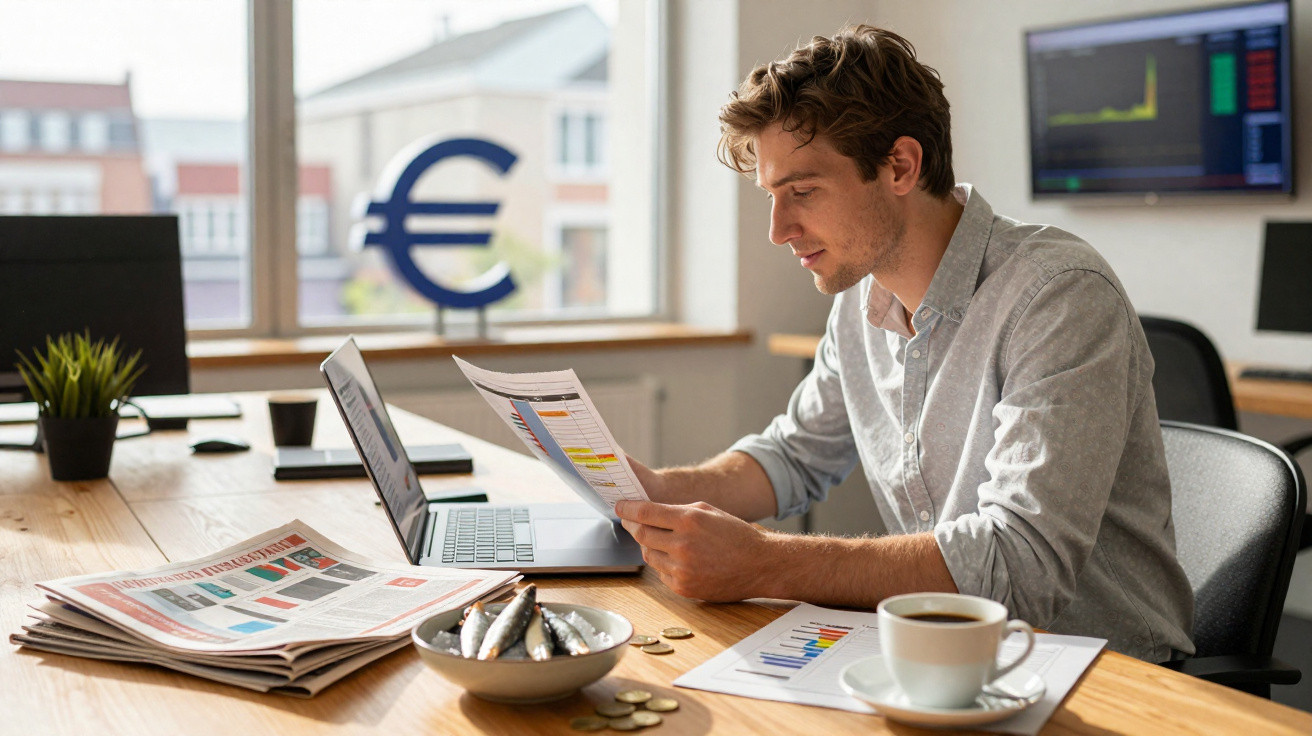 Mulher a analisar gráficos e documentos financeiros num escritório com símbolo do euro na janela.