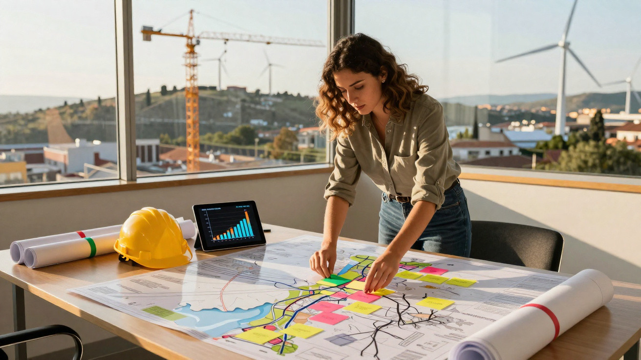 Mulher a analisar planta com notas coloridas numa mesa, em escritório com janelas grandes e vista urbana.