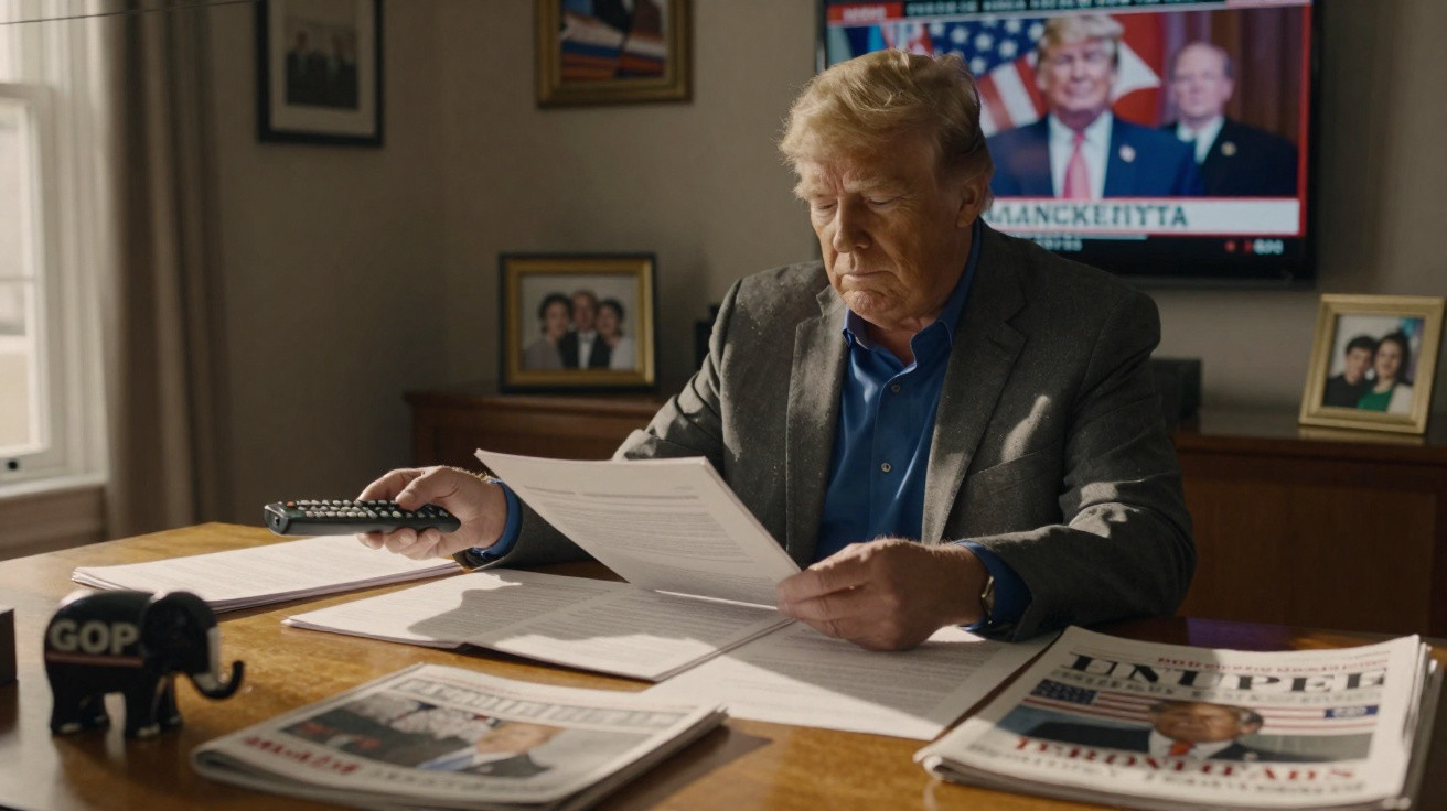 Homem sentado a ler documentos numa mesa com televisão ligada a emitir imagem de Donald Trump atrás.