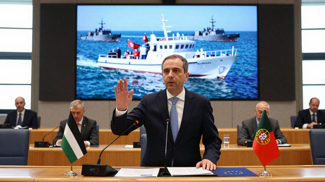 Homem de fato levanta a mão durante sessão com bandeiras de Portugal e outra país e imagem de barcos de guerra ao fundo.
