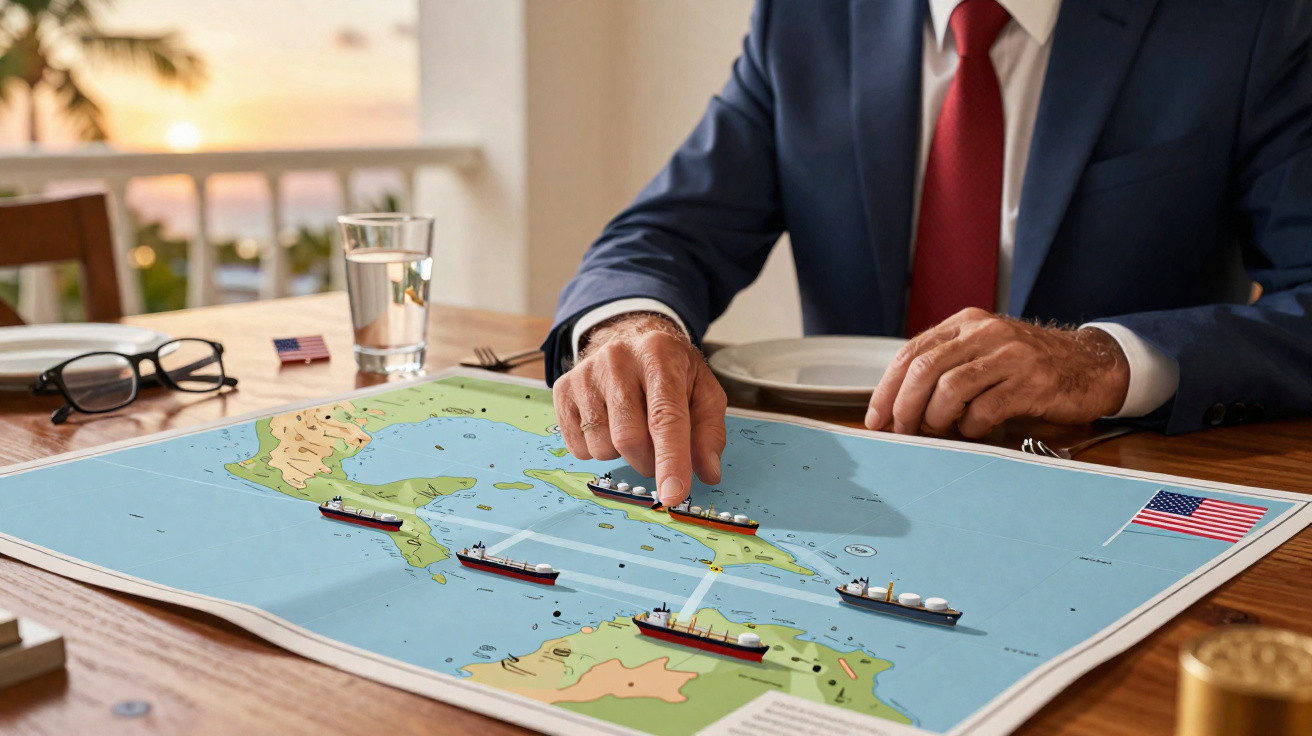 Homem em fato aponta para um mapa marítimo com ilustrações de navios cargueiros sobre a mesa.