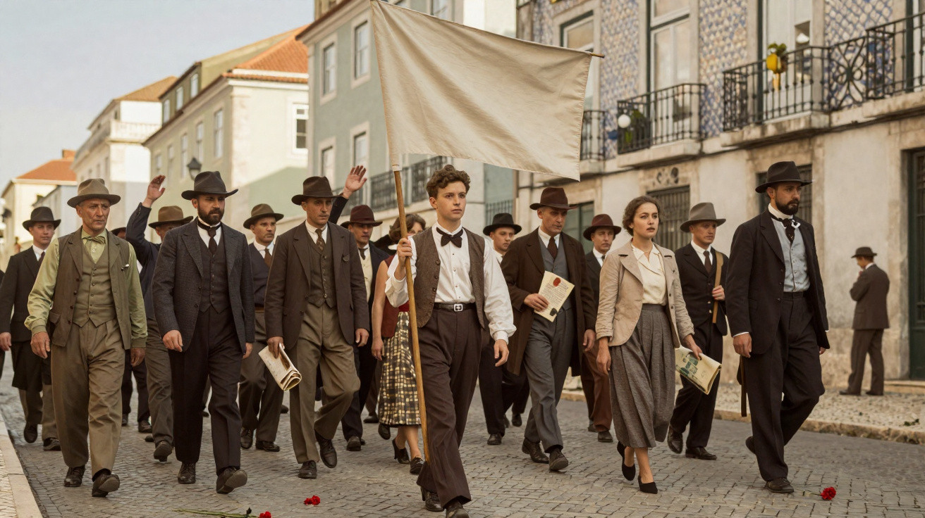 Grupo de pessoas de roupa antiga a marchar numa rua empedrada com bandeira e jornais na mão.