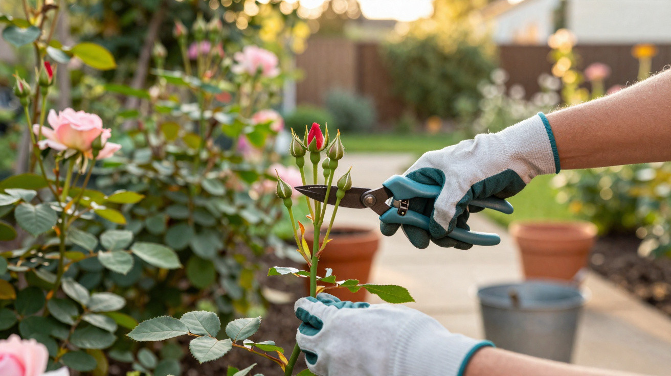 Mãos com luvas brancas a podar uma rosa rosa num jardim com tesoura de poda verde e preta.