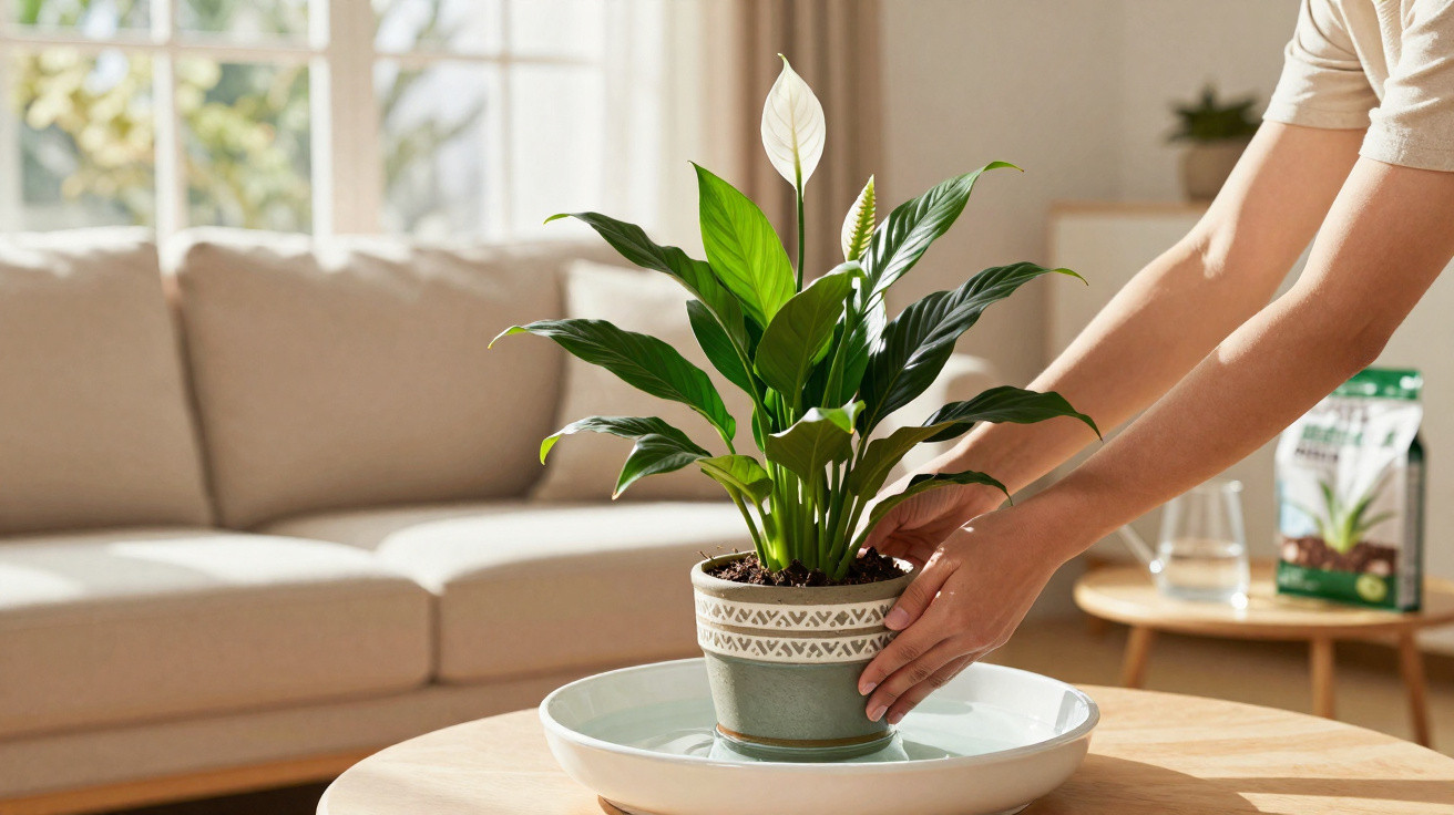 Pessoa a colocar planta em vaso num prato sobre mesa branca em sala iluminada e acolhedora.