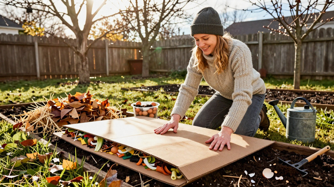 Mulher a fazer jardinagem num canteiro com folhas e cartão ao ar livre num dia ensolarado de outono.