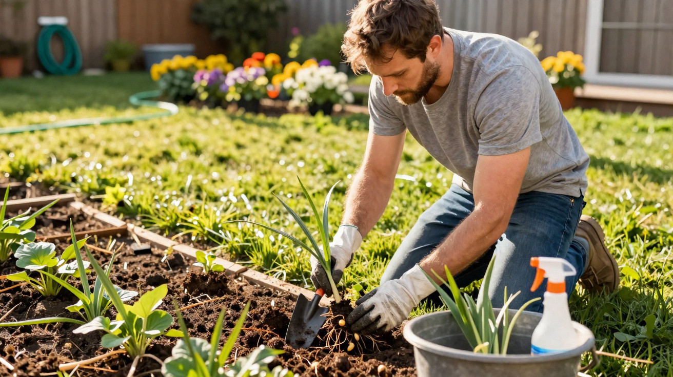 Mulher a jardinar com luvas, plantando flores num canteiro ensolarado num jardim verde.