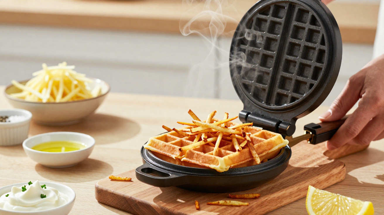 Mão a colocar batatas fritas sobre waffle numa máquina de waffles quente numa tábua de madeira.