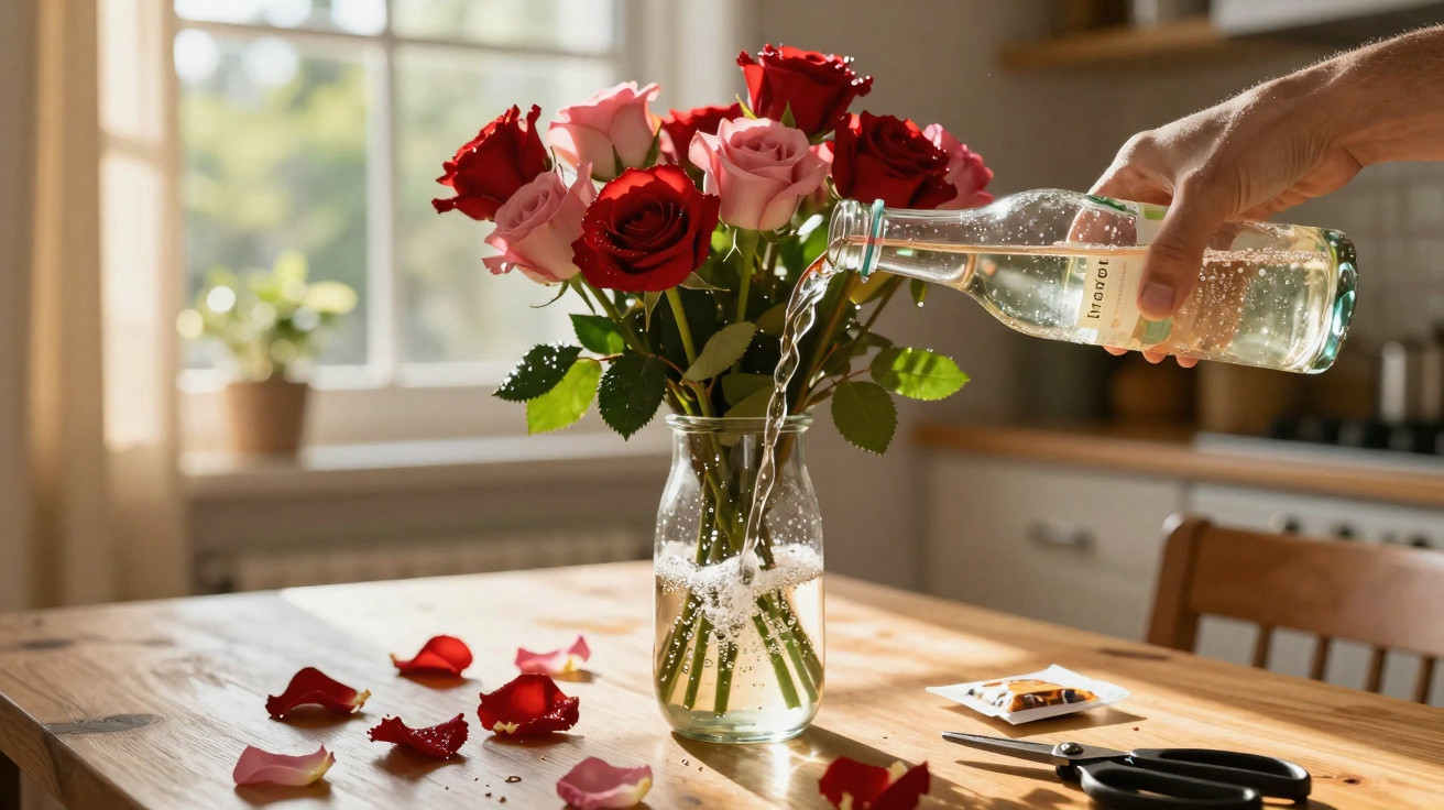 Mãos servindo bebida espumante em copo com bouquet de rosas vermelhas e rosa numa jarra sobre mesa de madeira.