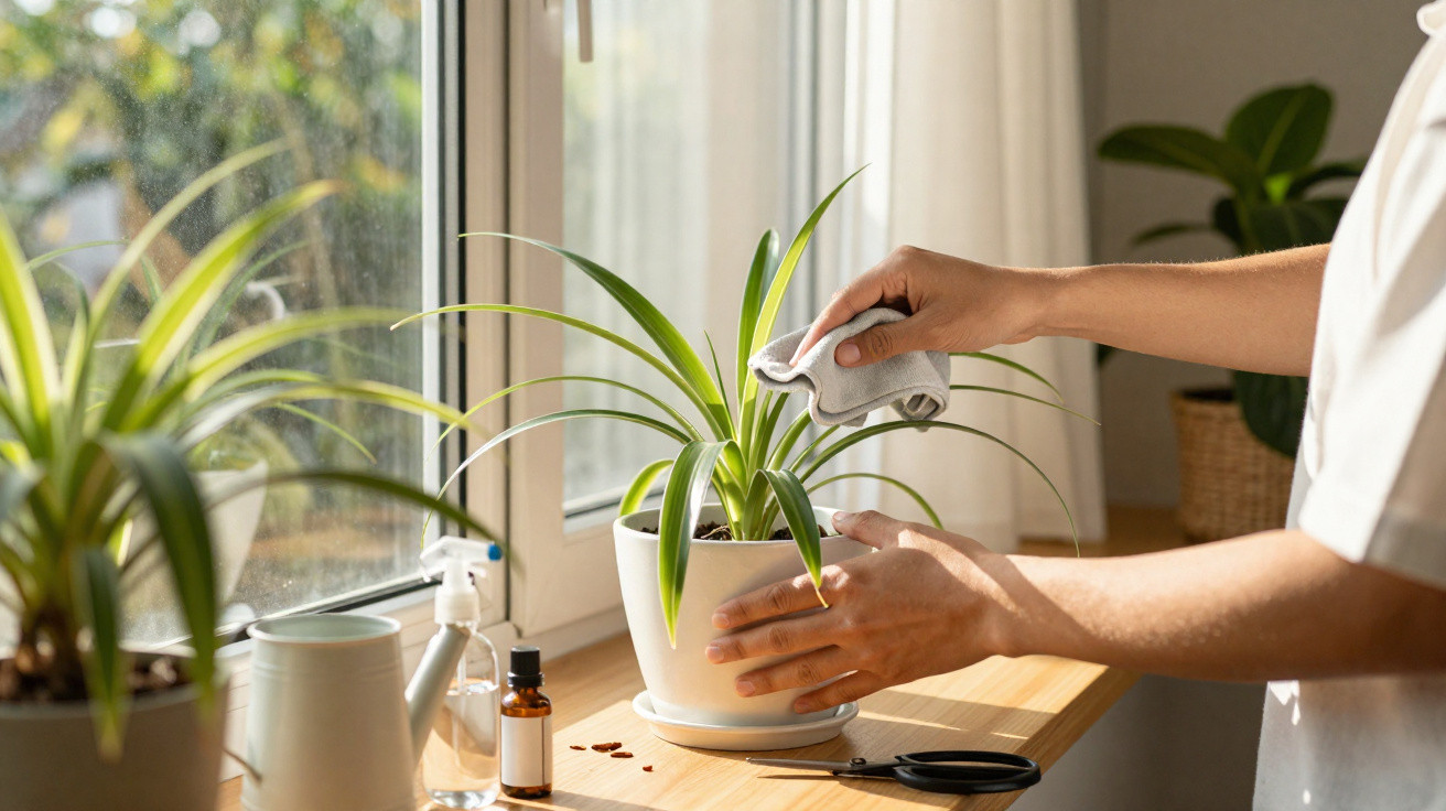 Pessoa a limpar as folhas de uma planta num vaso branco junto a uma janela iluminada.