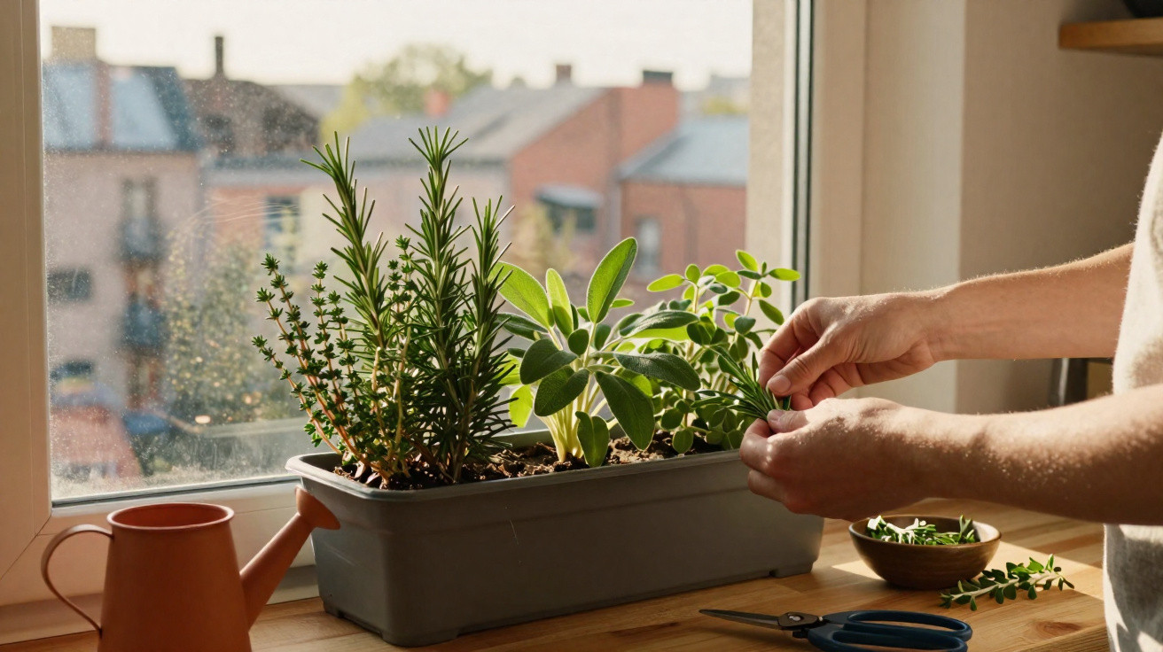 Plantas aromáticas em vaso na janela com mãos a cuidar das folhas num ambiente iluminado.