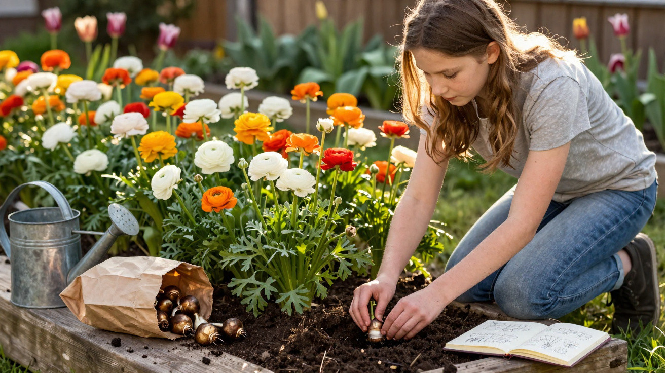 Criança a plantar flores num jardim com regador e caderno de anotações ao lado.