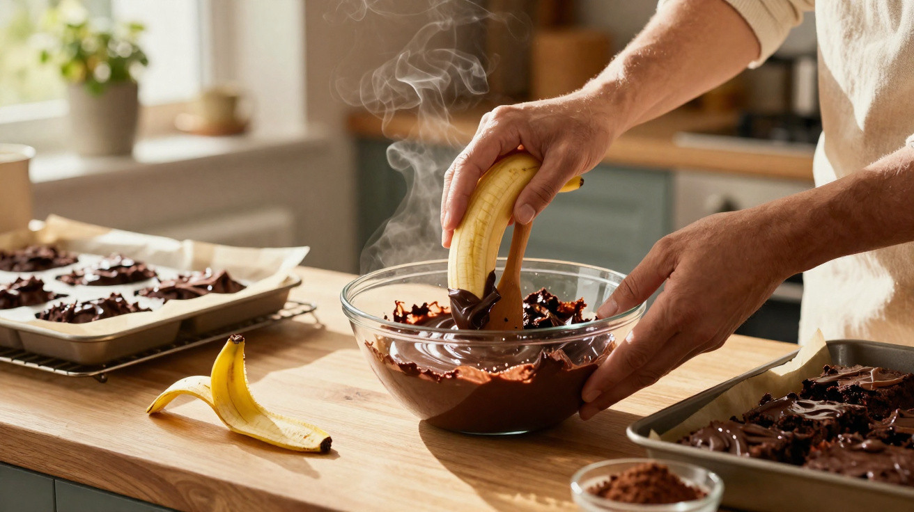 Mãos mergulham banana numa taça de chocolate derretido numa cozinha com bolos e cacau na mesa.