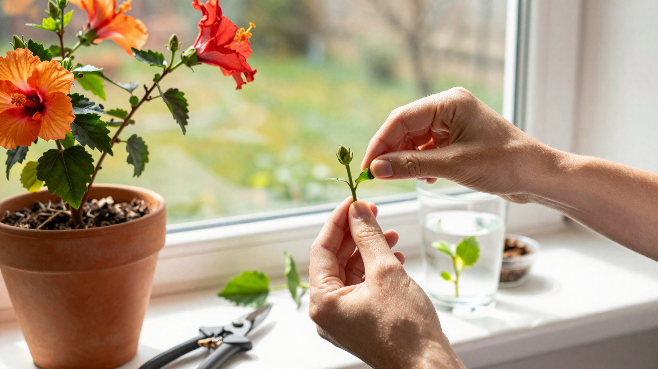 Mãos a cuidar de planta florida em vaso junto a uma janela, com copo de água e tesoura ao lado.