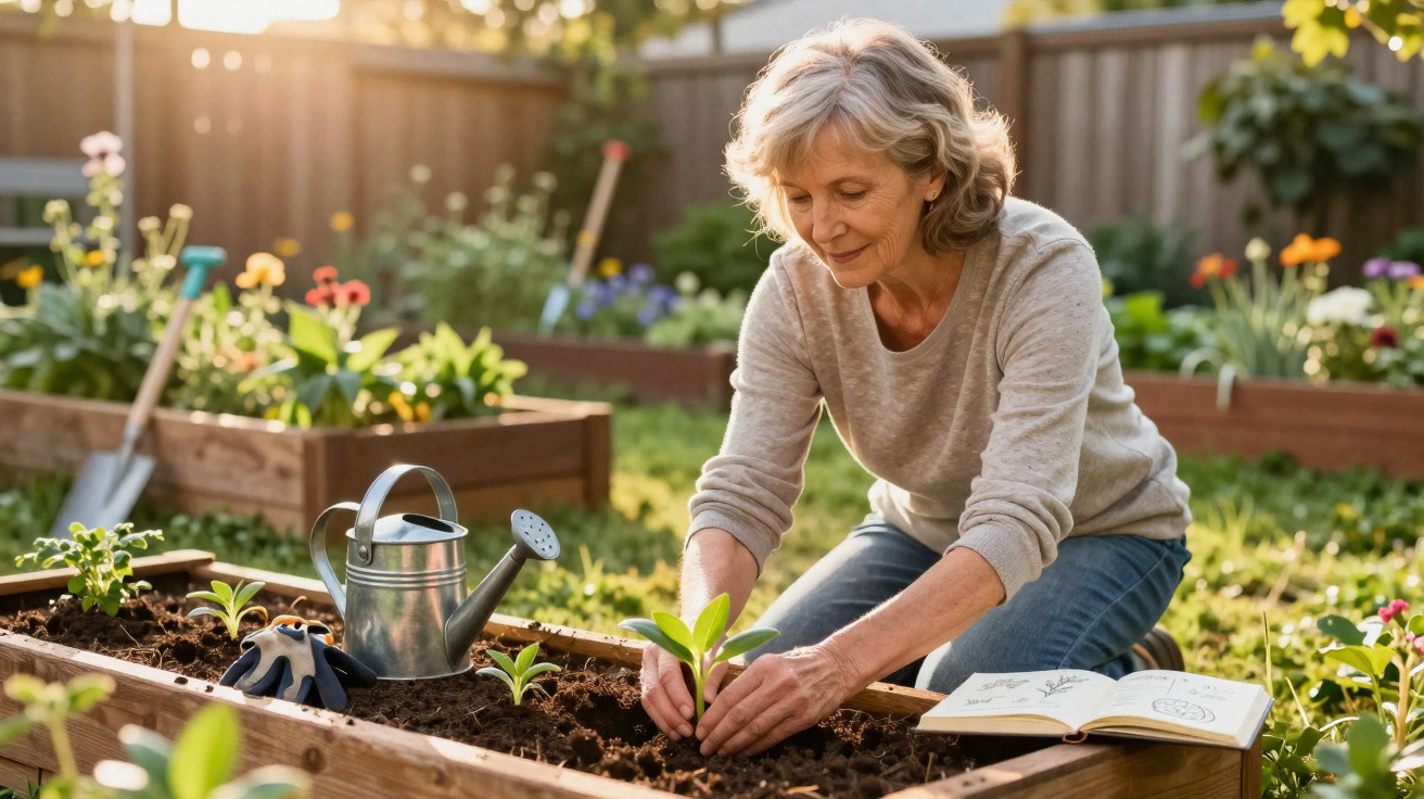 Mulher adulta a plantar uma pequena planta numa horta caseira, rodeada por ferramentas e flores coloridas.