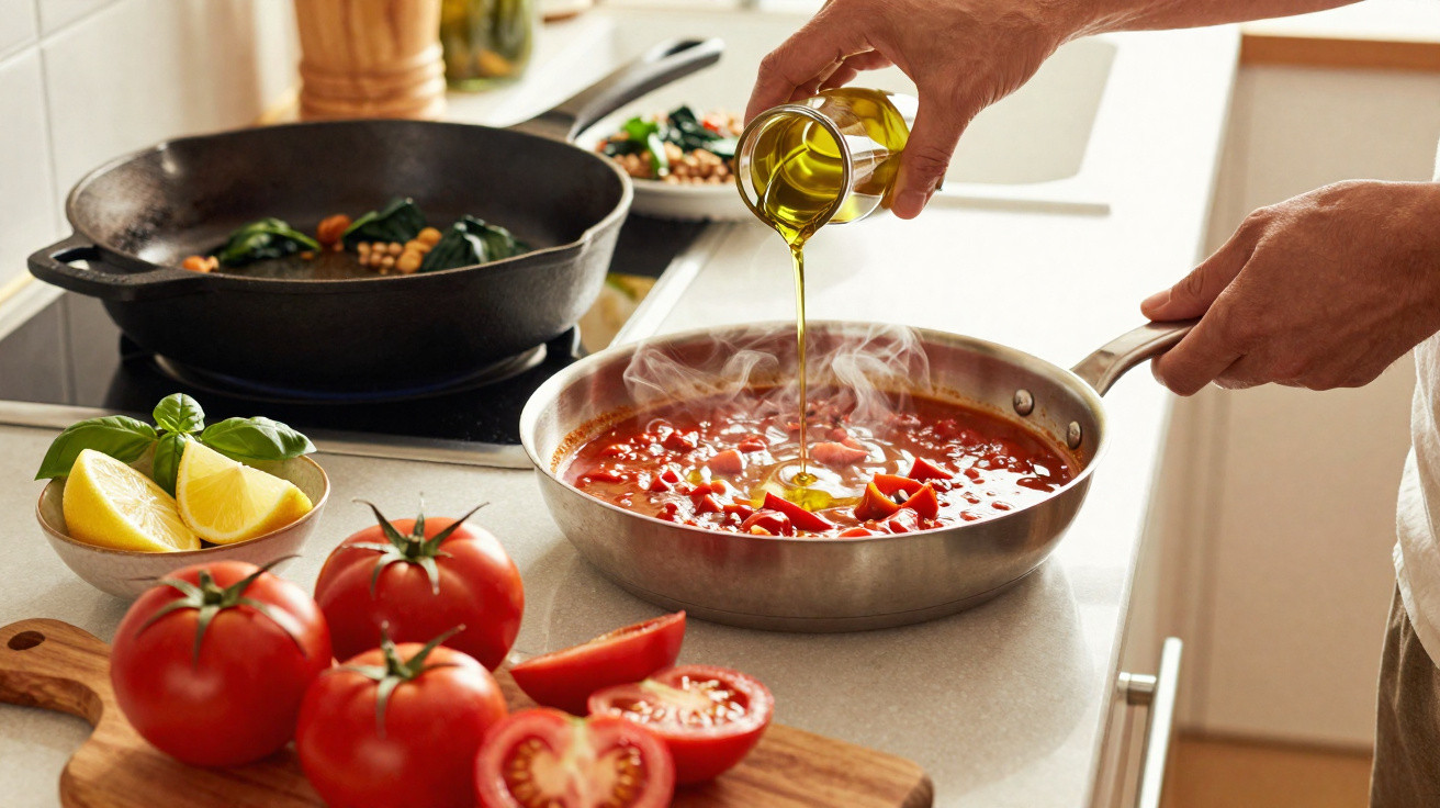 Mãos a adicionar azeite a molho de tomate a cozinhar em frigideira, com tomates e limões na bancada.
