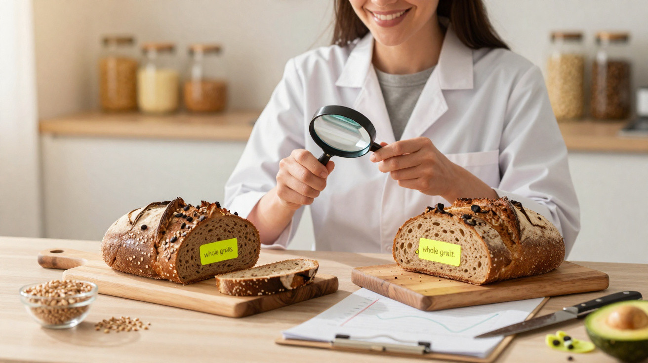 Mulher com bata branca examina diferentes tipos de pão integral com lupa numa mesa de cozinha.