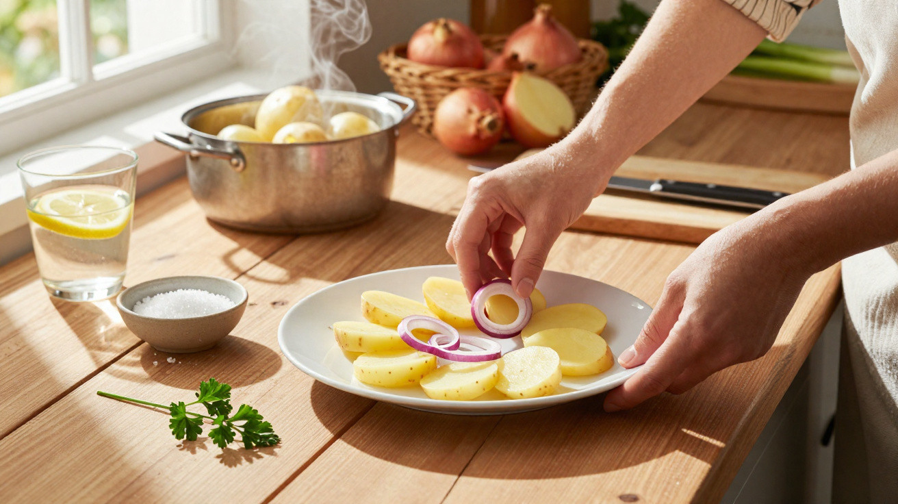 Mão a colocar rodelas de cebola em batatas recém-cozidas num prato branco numa cozinha iluminada.