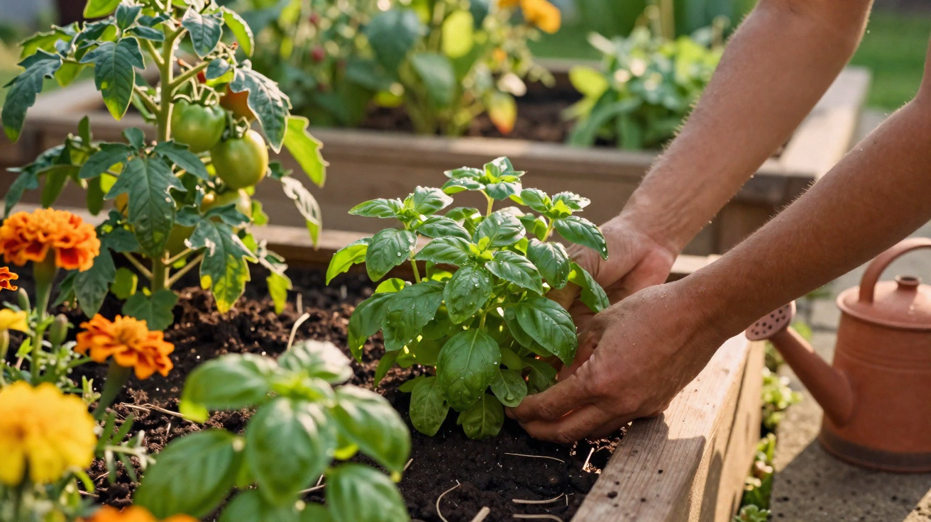 Mãos a cuidar de planta de manjericão numa horta com tomates e flores alaranjadas, acompanhado de regador.