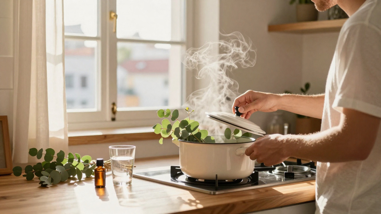 Pessoa a levantar a tampa de uma panela com vapor e folhas verdes em cozinha iluminada pelo sol.