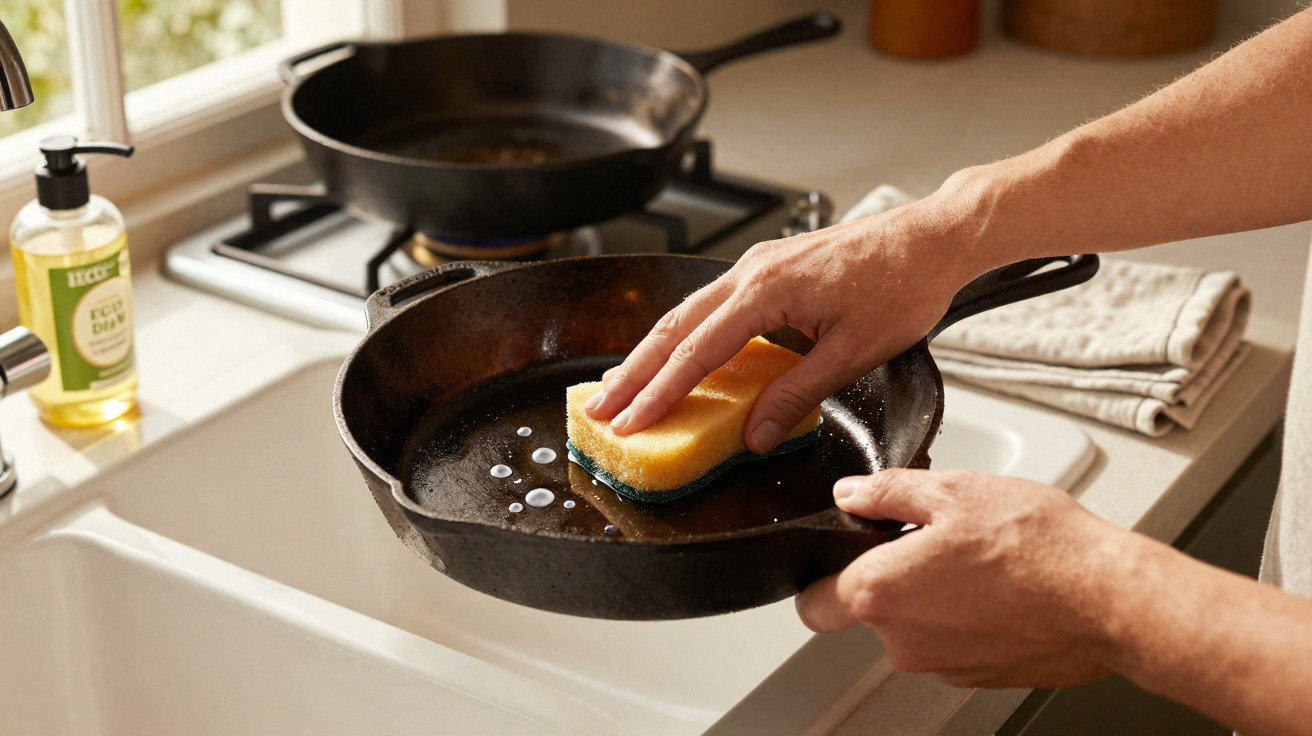 Pessoa a limpar uma frigideira de ferro fundido numa cozinha junto a uma pia e óleo de cozinha.