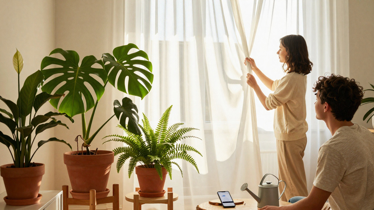 Pessoa a abrir cortinas junto a três plantas em vasos num interior iluminado pela luz natural.