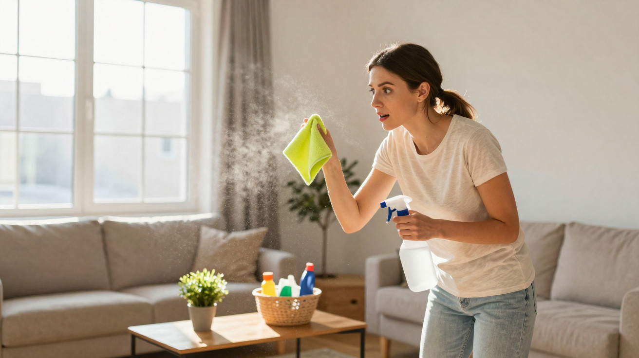 Mulher a limpar com spray e pano verde uma mesa de madeira numa sala iluminada.