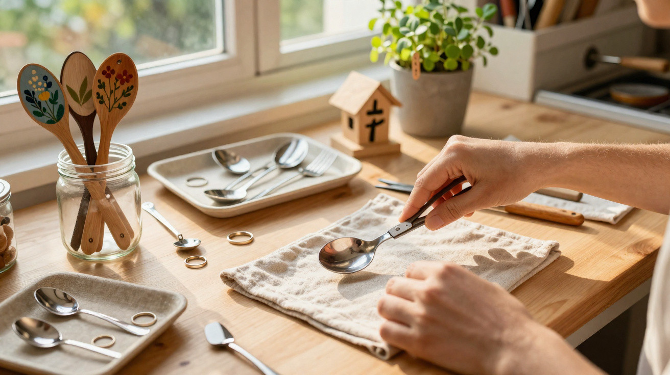 Mãos seguram uma colher com alicate sobre mesa de madeira com várias colheres e utensílios espalhados.