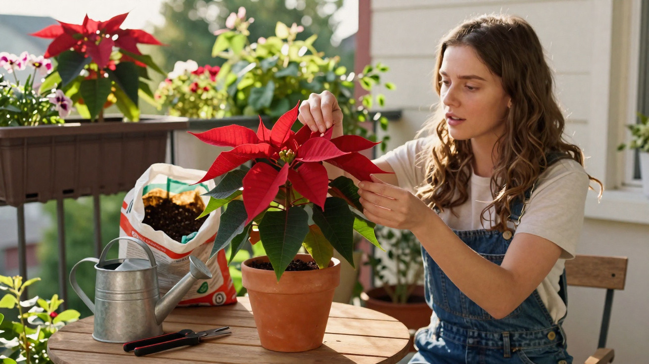 Mulher a cuidar de uma flor vermelha num vaso, sentada numa varanda com várias plantas.
