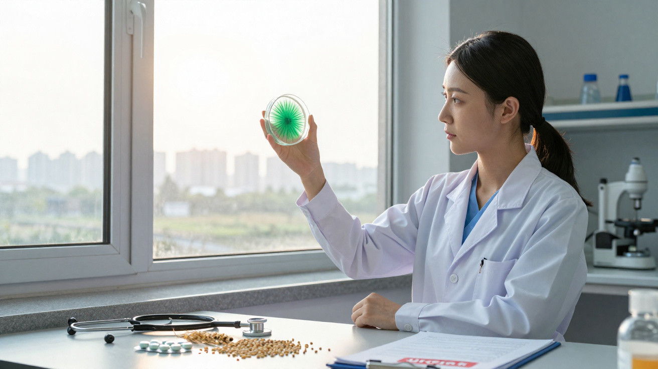 Cientista feminina a examinar cultura bacteriana em placa Petri num laboratório junto a uma janela ampla.