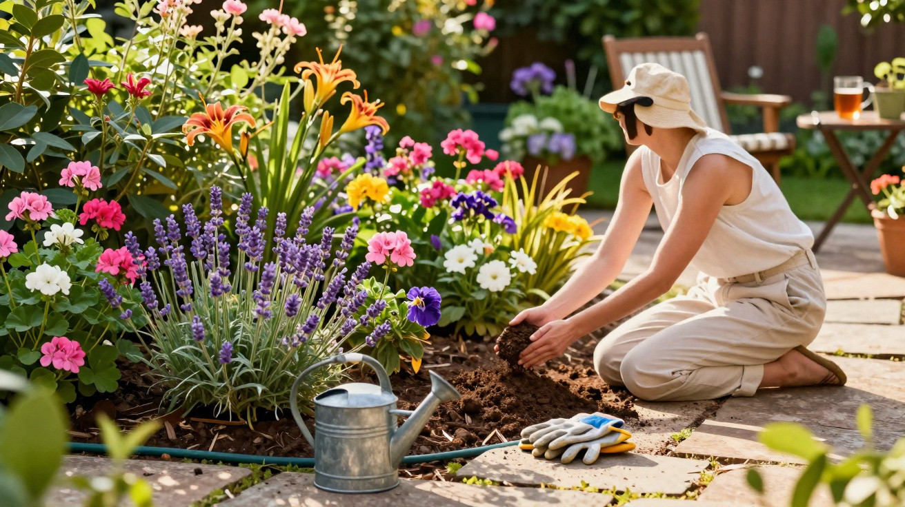 Criança a cuidar de flores coloridas num jardim, com regador e luvas ao lado.