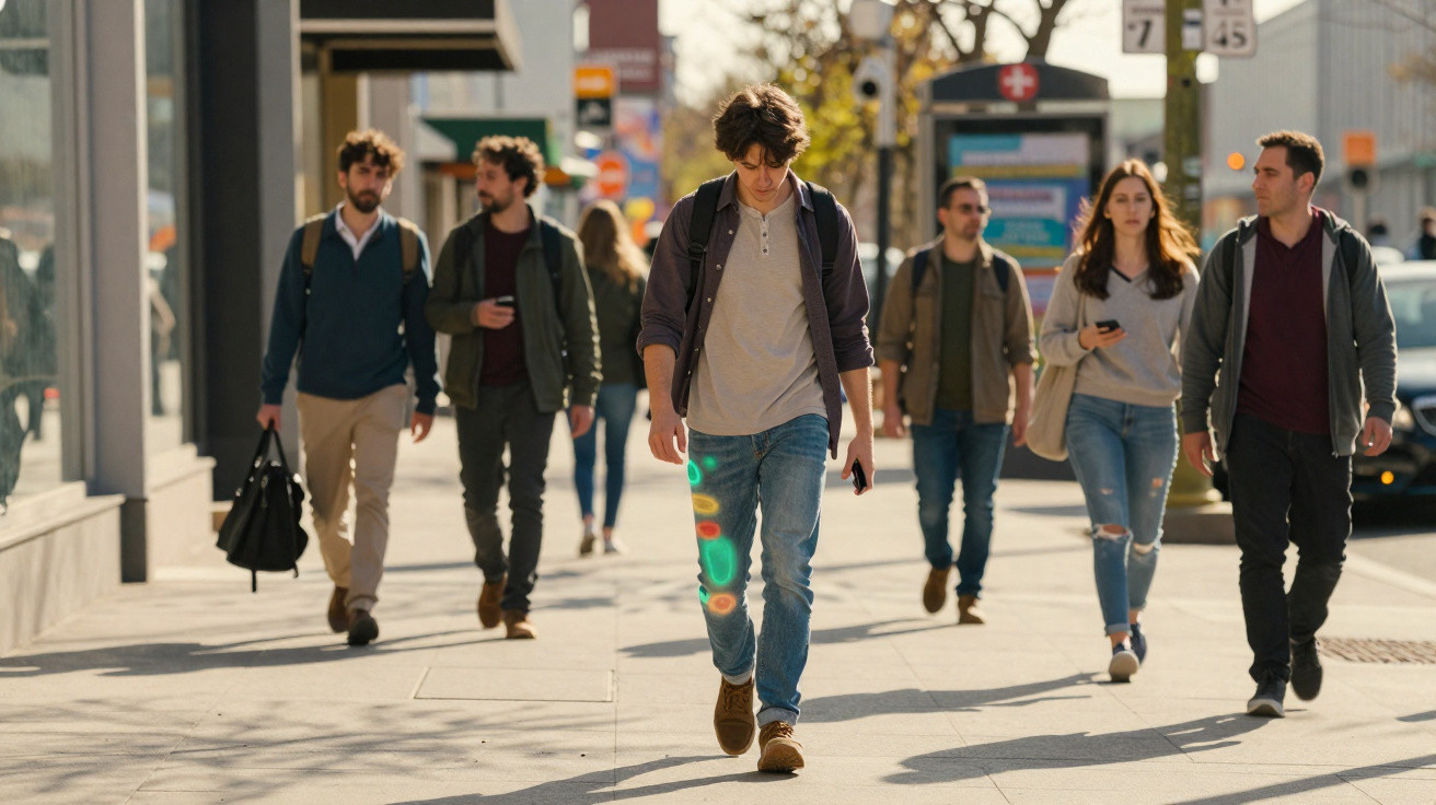 Pessoas jovens a andar numa rua movimentada da cidade, várias a olhar para o telemóvel.