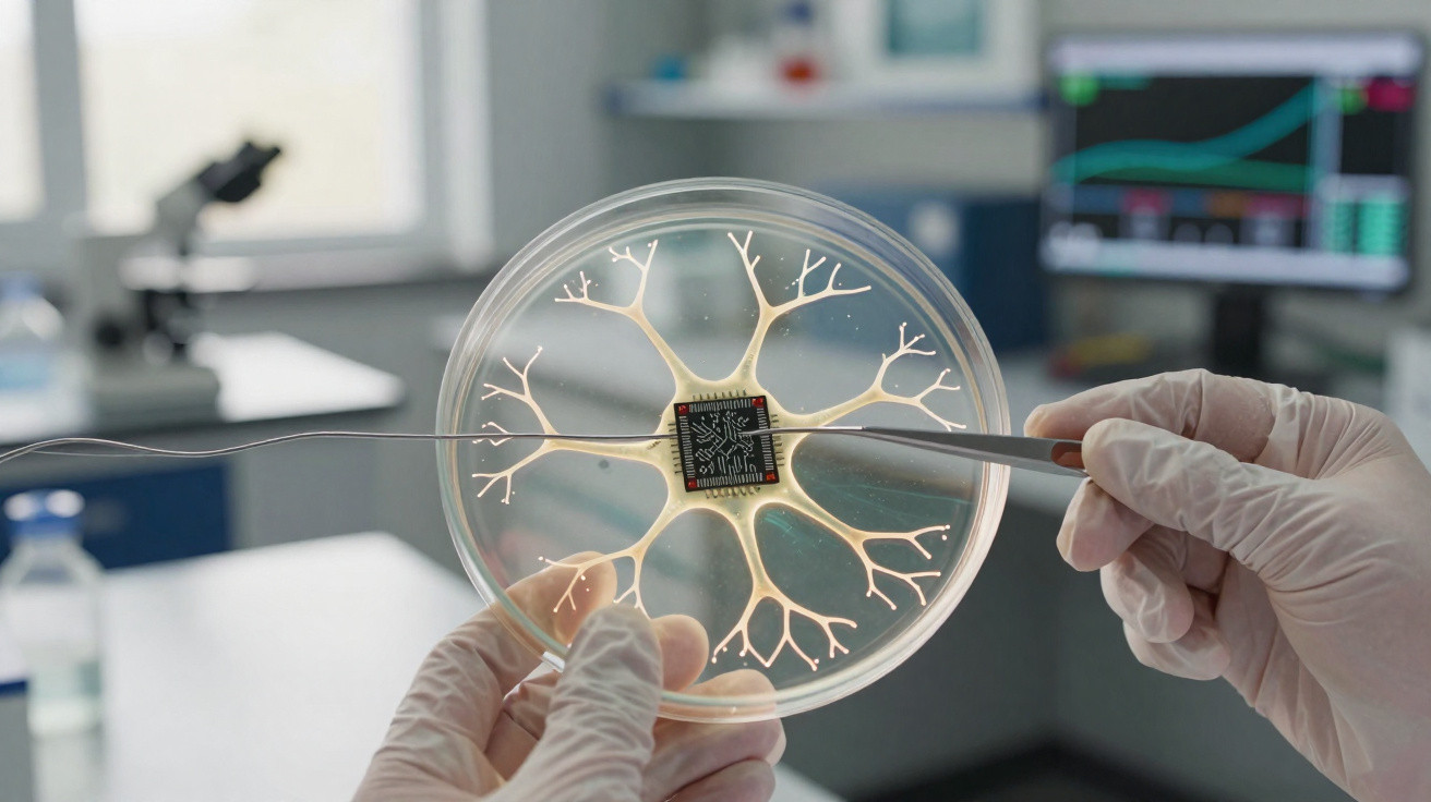 Mãos com luvas seguram placa de Petri com célula neural e componente eletrônico no laboratório.